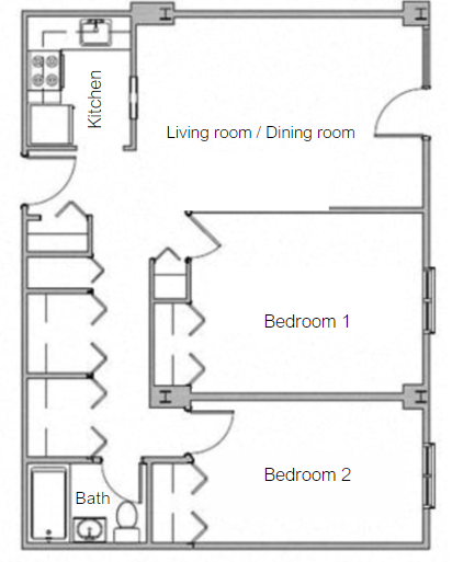 Floor plan for 2 beds, 1 bath